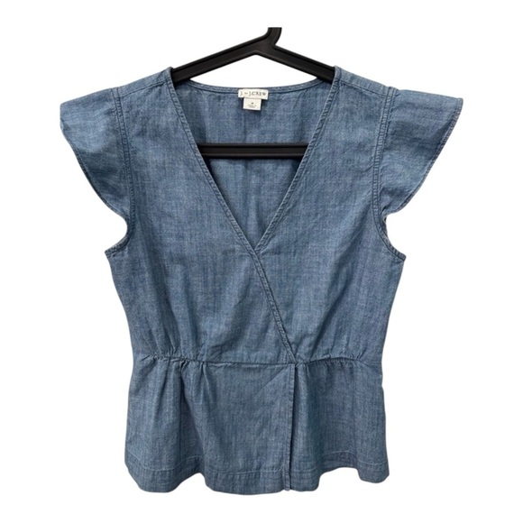 J. Crew Women's Blue Chambray V-Neck Blouse Flutter Sleeve sz 4 - Picture 1 of 4